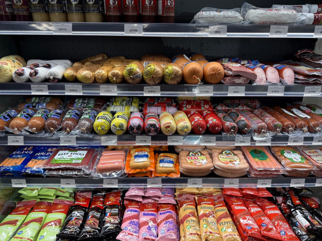 Large selection of Russian sausages, Ukranian sausages, Polish sausages, German sausages, and many others